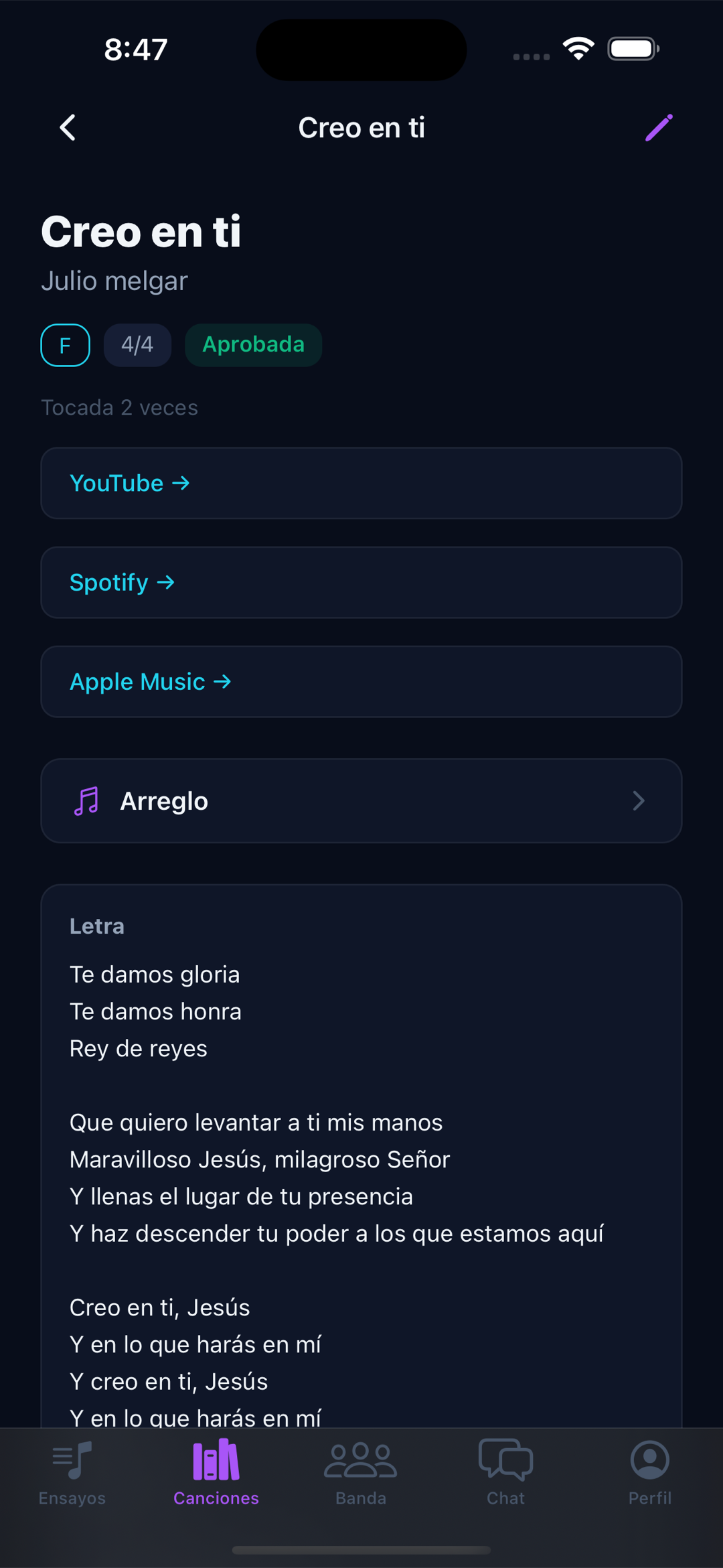 Song arrangement view with labelled sections